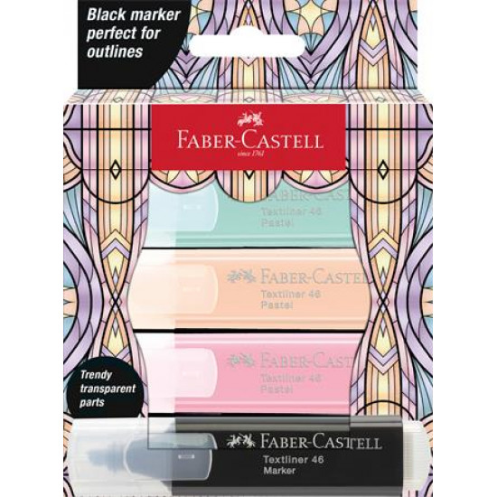 Szövegkiemelő készlet, FABER-CASTELL "Glassy", 3 különböző pasztell szín + fekete