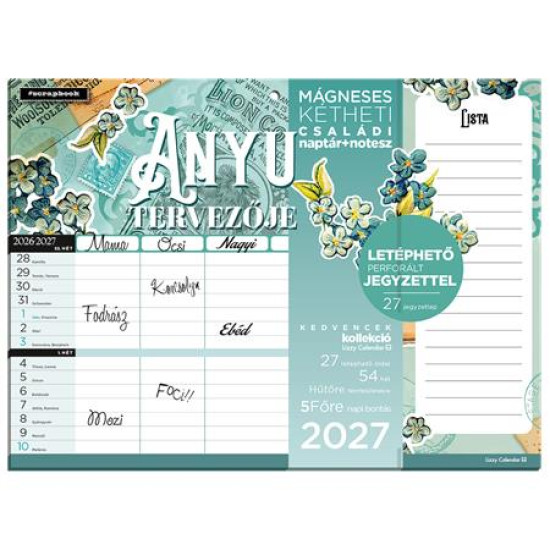 Falinaptár, mágneses, kétheti, jegyzettömbbel, 22x30 cm, LIZZYCALENDAR "Anyu tervezője Scrapbook Style"