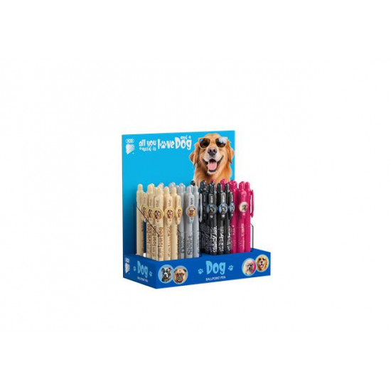 Golyóstoll display, 0,8 mm, nyomógombos, kutyás tolltest, ICO "Dog", kék