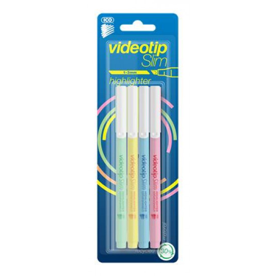Szövegkiemelő készlet, 1-3 mm, ICO "Videotip Slim", 4 különböző pasztell szín
