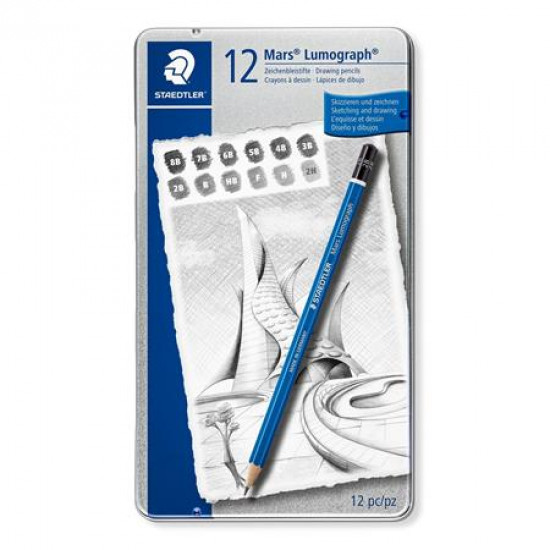 Grafitceruza készlet, fém doboz, hatszögletű, STAEDTLER "Mars Lumograph", 12 különböző keménység