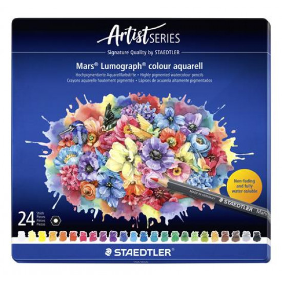 Akvarell színes ceruza készlet, hatszögletű, fémdobozos, STAEDTLER "Mars® Lumograph® 104", 24 különböző szín