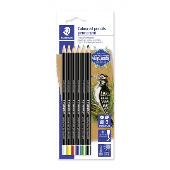 Színes ceruza készlet, henger alakú, mindenre író, vízálló (glasochrom), STAEDTLER "Design Journey Lumocolor", 6 különbö