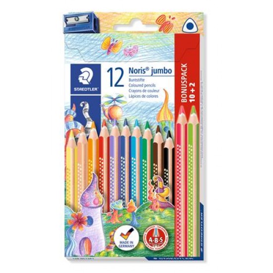 Színes ceruza készlet, háromszögletű, vastag, hegyezővel, STAEDTLER "Noris Jumbo", 10+2 különböző szín