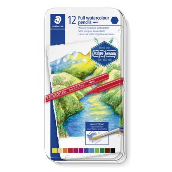 Akvarell ceruza készlet, fém doboz, hatszögletű, STAEDTLER "Design Journey", 12 különböző szín