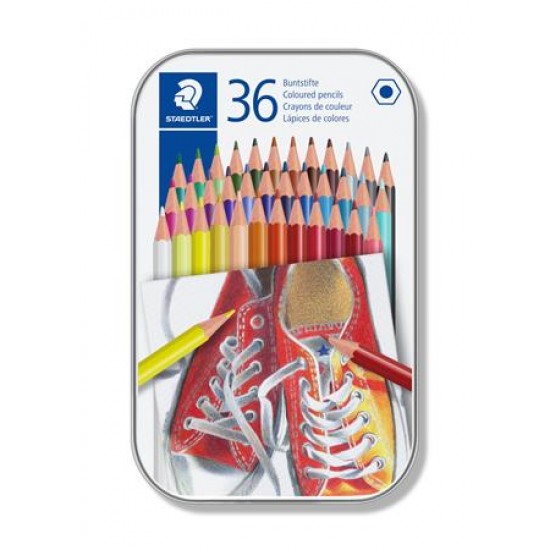 Színes ceruza készlet, hatszögletű, fém dobozban, STAEDTLER, 36 különböző szín