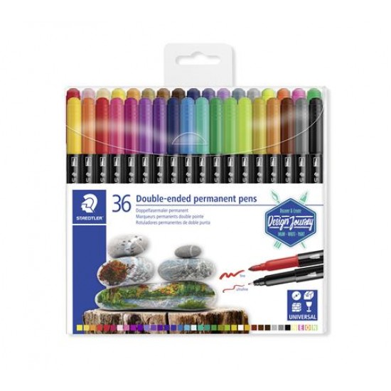 Alkoholos marker készlet, kétvégű, 0,4/2,0 mm, STAEDTLER "Design Journey Twin-tip", 36 különböző szín