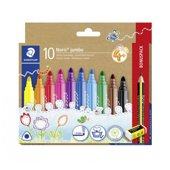Filctoll készlet, grafitceruzával, radírral, 3 mm, háromszögletű, STAEDTLER "Noris® jumbo 328", 10+1 különböző szín
