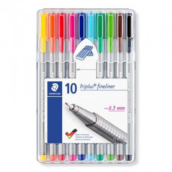 Tűfilc készlet, 0,3 mm, STAEDTLER "Triplus Box", 10 különböző szín