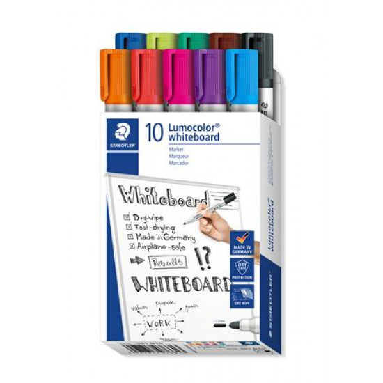 Táblamarker készlet, 2 mm, kúpos, STAEDTLER "Lumocolor 351", 10 különböző szín