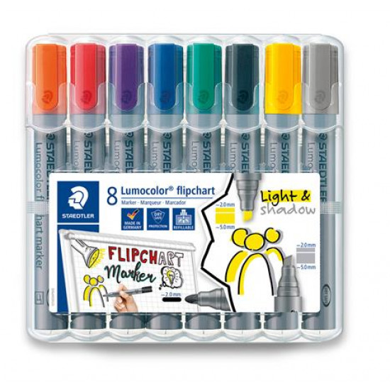 Flipchart marker készlet, 2-5 mm, vágott, STAEDTLER "Lumocolor 356", 8 különböző szín