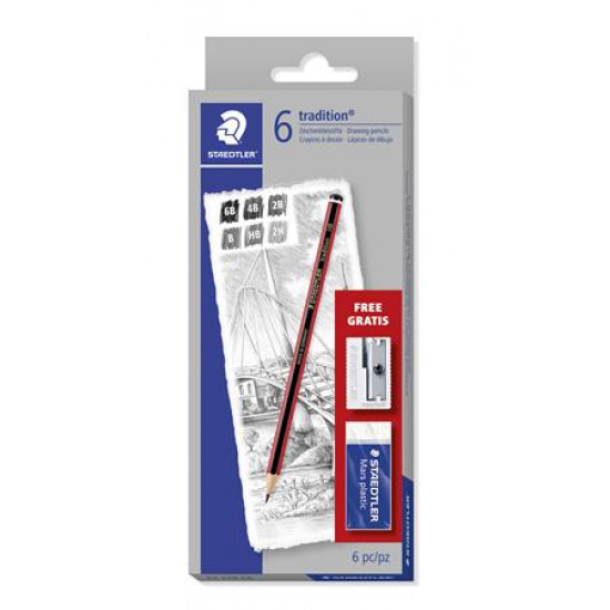 Grafitceruza készlet, hatszögletű, hegyezővel és radírral, STAEDTLER "Tradition", 6 különböző keménység