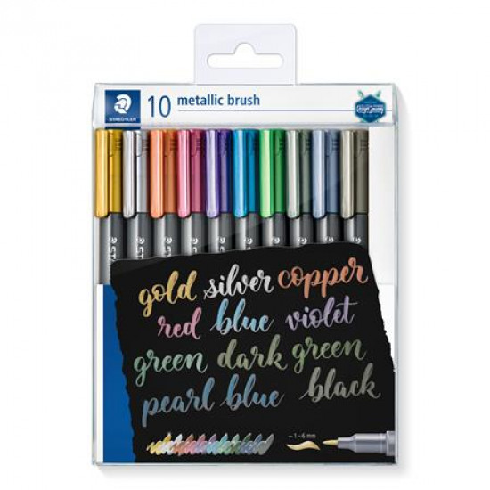 Dekormarker, 1-6 mm, kúpos, STAEDTLER "Design Journey Metallic Brush", 10 különböző metál szín