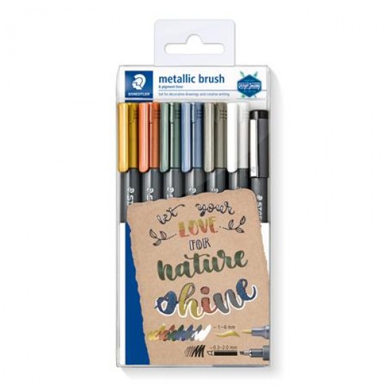 Dekormarker, 1-6 mm, kúpos, ajándék tusfilccel, STAEDTLER "Design Journey Metallic Brush", 6 különböző metál szín