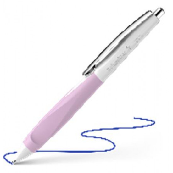 Golyóstoll, 0,5 mm, nyomógombos, fehér-rózsaszín tolltest, SCHNEIDER "Haptify", kék