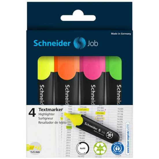 Szövegkiemelő készlet, 1-5 mm, SCHNEIDER "Job 150", 4 különböző szín