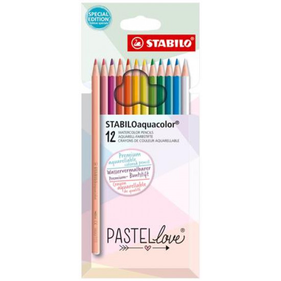 Akvarell ceruza készlet, STABILO "Aquacolor Pastellove", 12 különböző szín