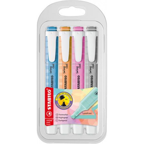 Szövegkimelő készlet, 1-4 mm, STABILO "Swing cool Pastel", 4 különböző szín