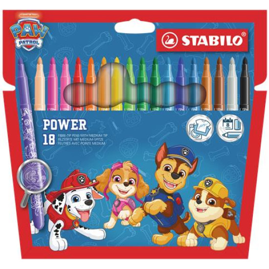 Filctoll készlet, vastag, 2 mm, STABILO "Power", Mancs őrjárat, 18 különböző szín