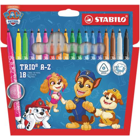 Filctoll készlet, 0,7 mm, STABILO "Trio A-Z", Mancs őrjárat, 18 különböző szín