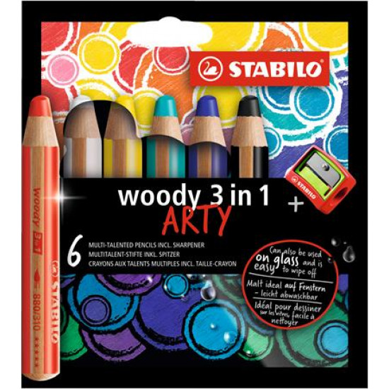 Színes ceruza készlet, kerek, vastag, STABILO "Woody ARTY 3 in 1", 6 különböző szín