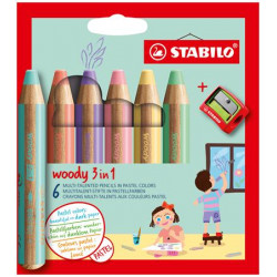 Színes ceruza készlet, kerek, vastag, STABILO "Woody 3 in 1 Pastel", 6 különböző pasztell szín
