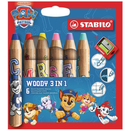 Színesceruza készlet, kerek, vastag, hegyezővel, STABILO "Woody 3 in 1", Mancs őrjárat, 6 különböző szín Színesceruza készlet, kerek, vastag, hegyezővel, STABILO "Woody 3 in 1", Mancs őrjárat, 6 különböző szín