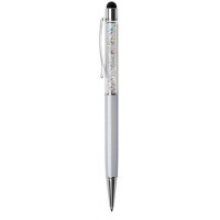 Golyóstoll, krémfehér, felül színjátszós fehér SWAROVSKI® kristállyal töltve, érintővel, 14 cm, ART CRYSTELLA®