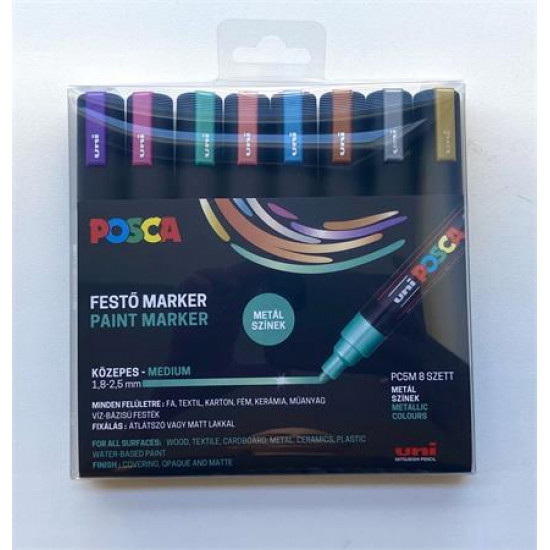 Dekormarker készlet, 1,8-2,5 mm, UNI "Posca PC-5M", 8 különböző metál szín