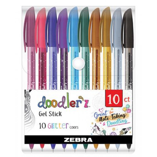 Zseléstoll készlet, 0,33 mm, kupakos, ZEBRA "Doodler`z Glitter", 10 csillogó vegyes szín