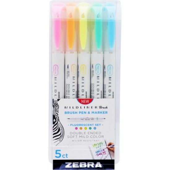 Ecsetirón készlet, kétvégű  ZEBRA "Mildliner Fluorescent", 5 szín