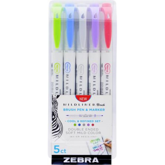 Ecsetirón készlet, kétvégű  ZEBRA "Mildliner Cool & Refined", 5 szín