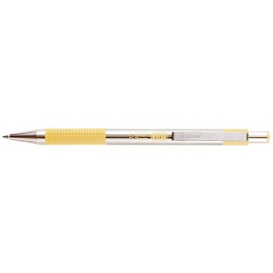 Golyóstoll, 0,24 mm, nyomógombos, rozsdamentes acél, pasztellsárga tolltest, ZEBRA "F-301", kék