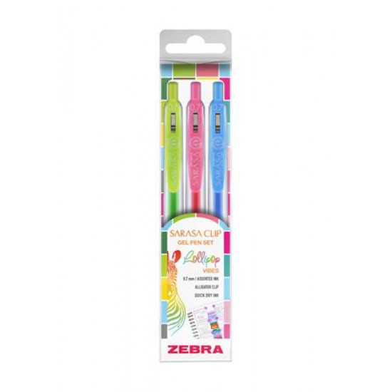 Zseléstoll készlet, 0,33 mm, nyomógombos, ZEBRA "Sarasa Clip Lollipop", 3 különböző szín