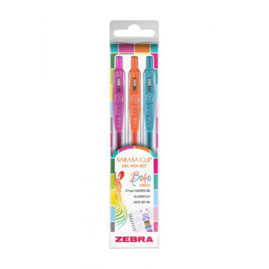 Zseléstoll készlet, 0,33 mm, nyomógombos, ZEBRA "Sarasa Clip Boho Vibes", 3 különböző szín