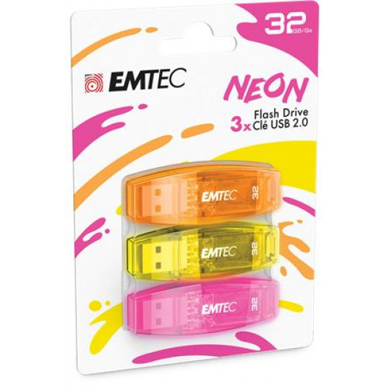 Pendrive, 32GB, 3 db, USB 2.0, EMTEC "C410 Neon", narancs, citromsárga, rózsaszín