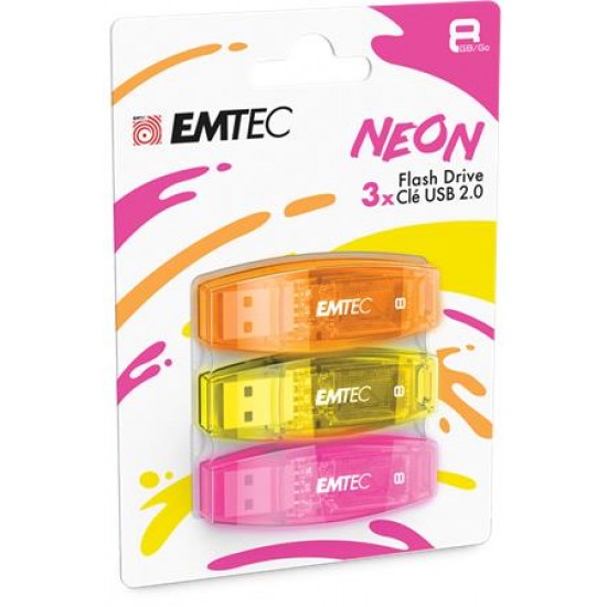Pendrive, 8GB, 3 db, USB 2.0, EMTEC "C410 Neon", narancs, citromsárga, rózsaszín