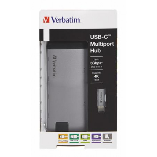 USB elosztó-HUB és ethernet átalakító, SD kártya olvasó, 4 port, USB 3.0, USB-C, HDMI, VERBATIM