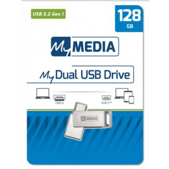 Pendrive, 128GB, USB 3.2 Gen1 + USB-C, alumínium ház, MYMEDIA "Dual" (by VERBATIM)