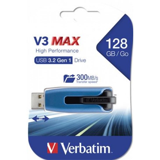 Pendrive, 128GB, USB 3.0, 175/80 MB/sec, VERBATIM "V3 MAX", kék-fekete