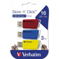 Pendrive, 3 x 16GB, USB 3.2, 80/25MB/sec, VERBATIM "Store n Click", piros, kék, sárga Pendrive, 3 x 16GB, USB 3.2, 80/25MB/sec, VERBATIM "Store n Click", piros, kék, sárga