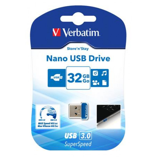 Pendrive, 32GB, USB 3.0, 80/25MB/sec, VERBATIM "Nano Store n Stay"