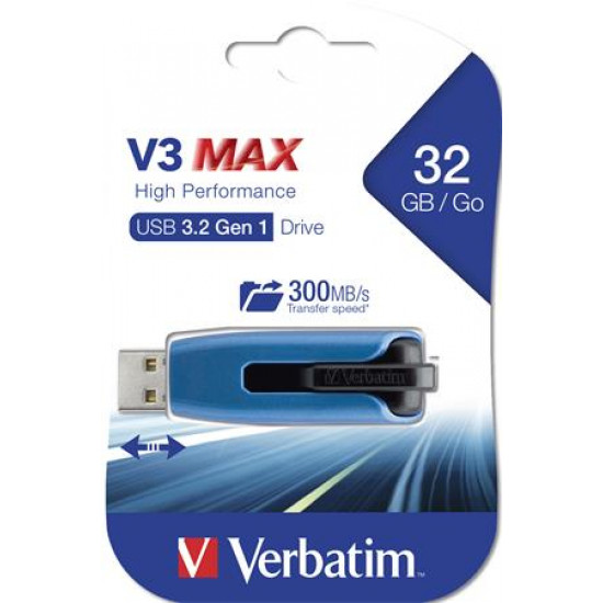 Pendrive, 32GB, USB 3.0, 175/80 MB/sec, VERBATIM "V3 MAX", kék-fekete