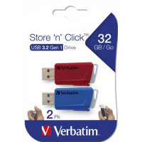 Pendrive, 2 x 32GB, USB 3.2, 80/25MB/sec, VERBATIM "Store n Click", piros, kék Pendrive, 2 x 32GB, USB 3.2, 80/25MB/sec, VERBATIM "Store n Click", piros, kék