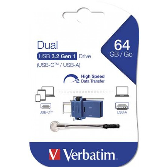 Pendrive, 64GB, USB 3.0+USB-C adapter, VERBATIM "Dual"