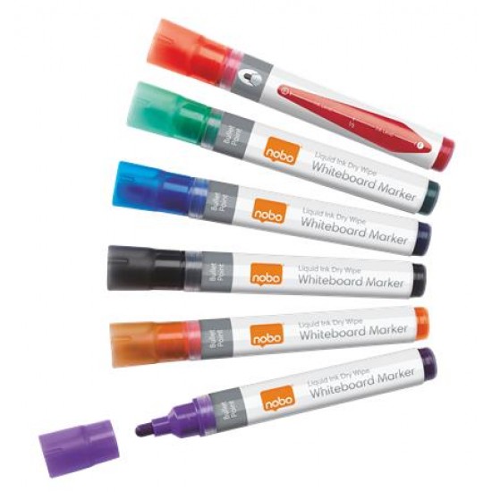 Táblamarker készlet, 1-3 mm, folyékonytintás, NOBO, 6 különböző szín