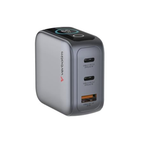 Hálózati töltő, 2xUSB-C, USB-A, kijelző, 65W, GaN, VERBATIM Hálózati töltő, 2xUSB-C, USB-A, kijelző, 65W, GaN, VERBATIM