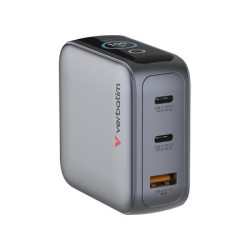 Hálózati töltő, 2xUSB-C, USB-A, kijelző, 100W, GaN, VERBATIM