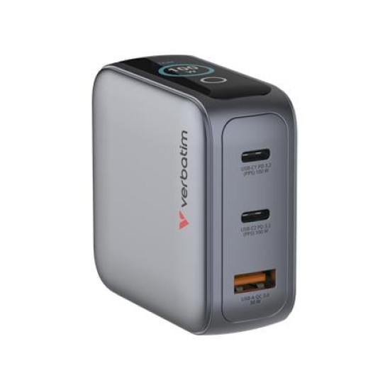 Hálózati töltő, 2xUSB-C, USB-A, kijelző, 100W, GaN, VERBATIM Hálózati töltő, 2xUSB-C, USB-A, kijelző, 100W, GaN, VERBATIM