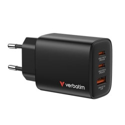 Hálózati töltő, 2xUSB-C, USB-A, 65W, GaN, VERBATIM "Essentials", fekete